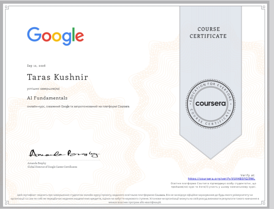 Google AI Fundamentals course certificate — issued to Taras by Google via Coursera